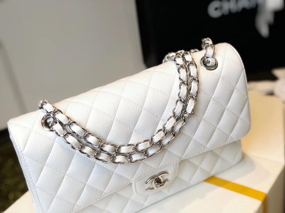 Chanel Classic Flap Bag Medium Crossbody 10in/ 25.5cm White Silver Hardware For Women