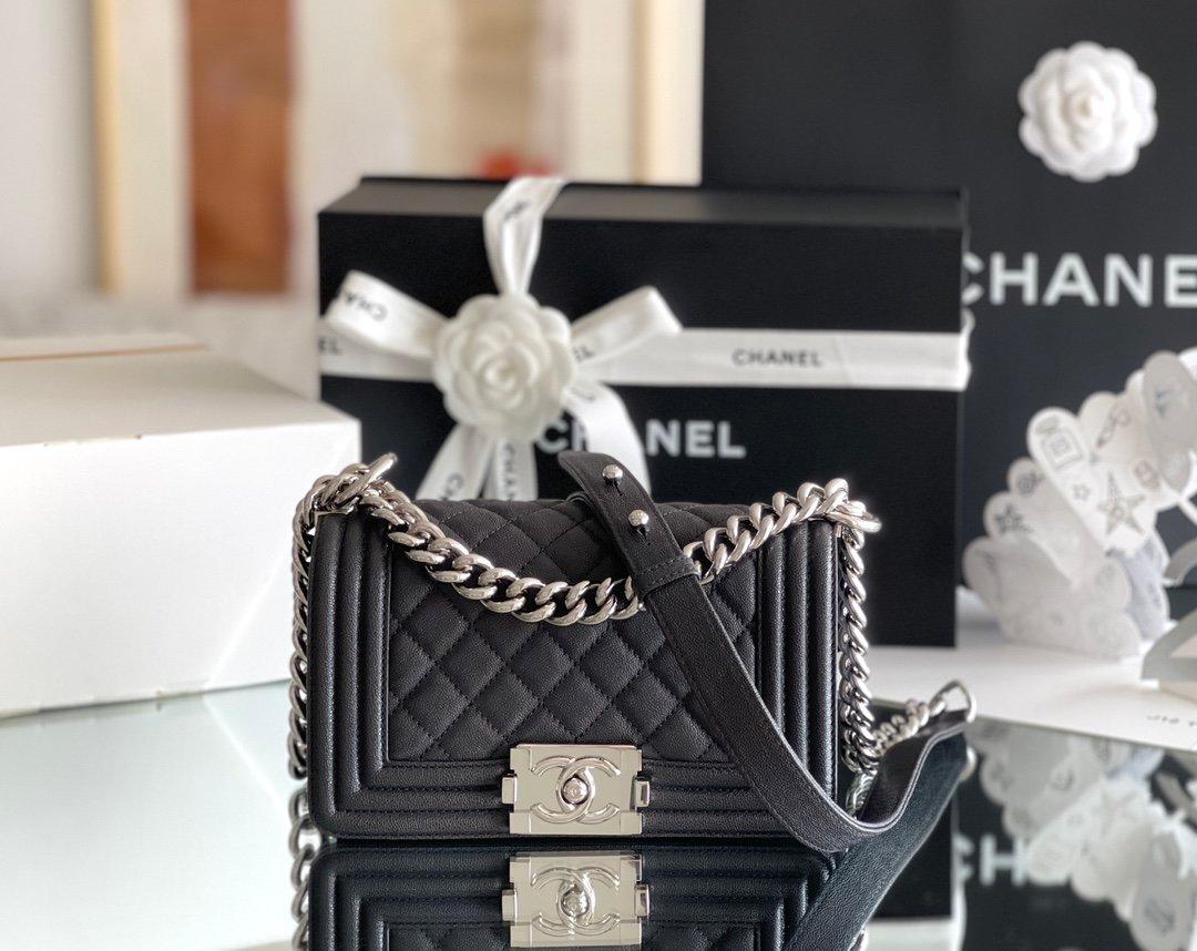 Chanel Boy Mini Crossbody Bag 7.9in/ 20cm Black Silver Hardware For Women