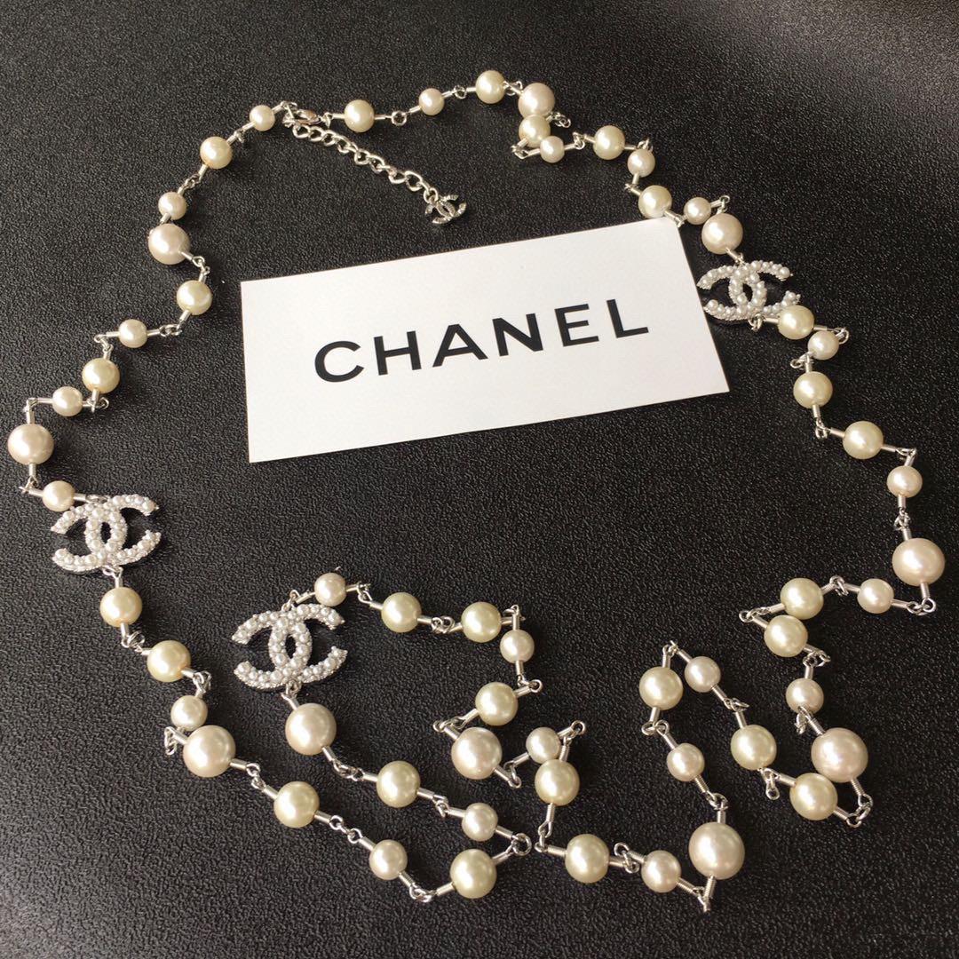 Chanel Double-CC Pearl Long Necklace Silver Hardware For Women