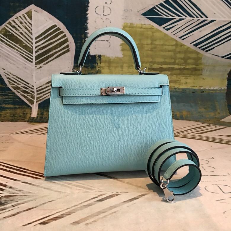 Hermes Kelly Light Blue For Women Silver Toned Hardware 10in/25cm