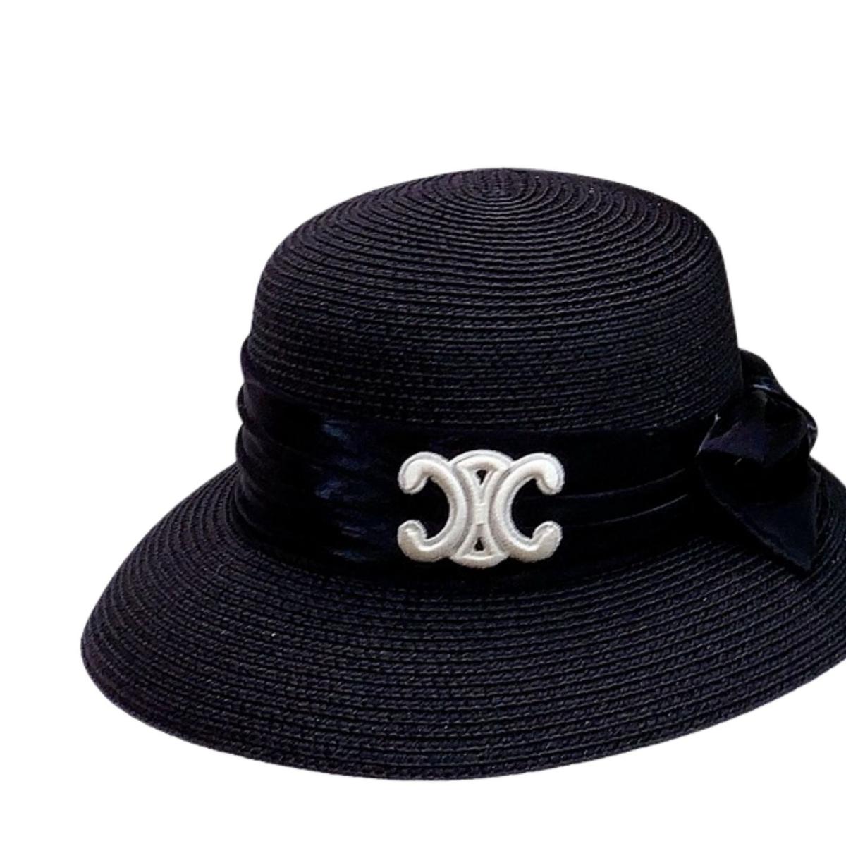 Chapeau Celine Straw avec ruban satiné Bow noir pour les femmes 58cm/22.8in