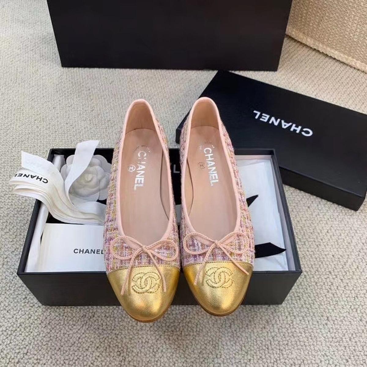 Chanel Ballerina Appartements Tweed et Grosgrain Rose/Or Pour Femmes, Chaussures Femmes G02819