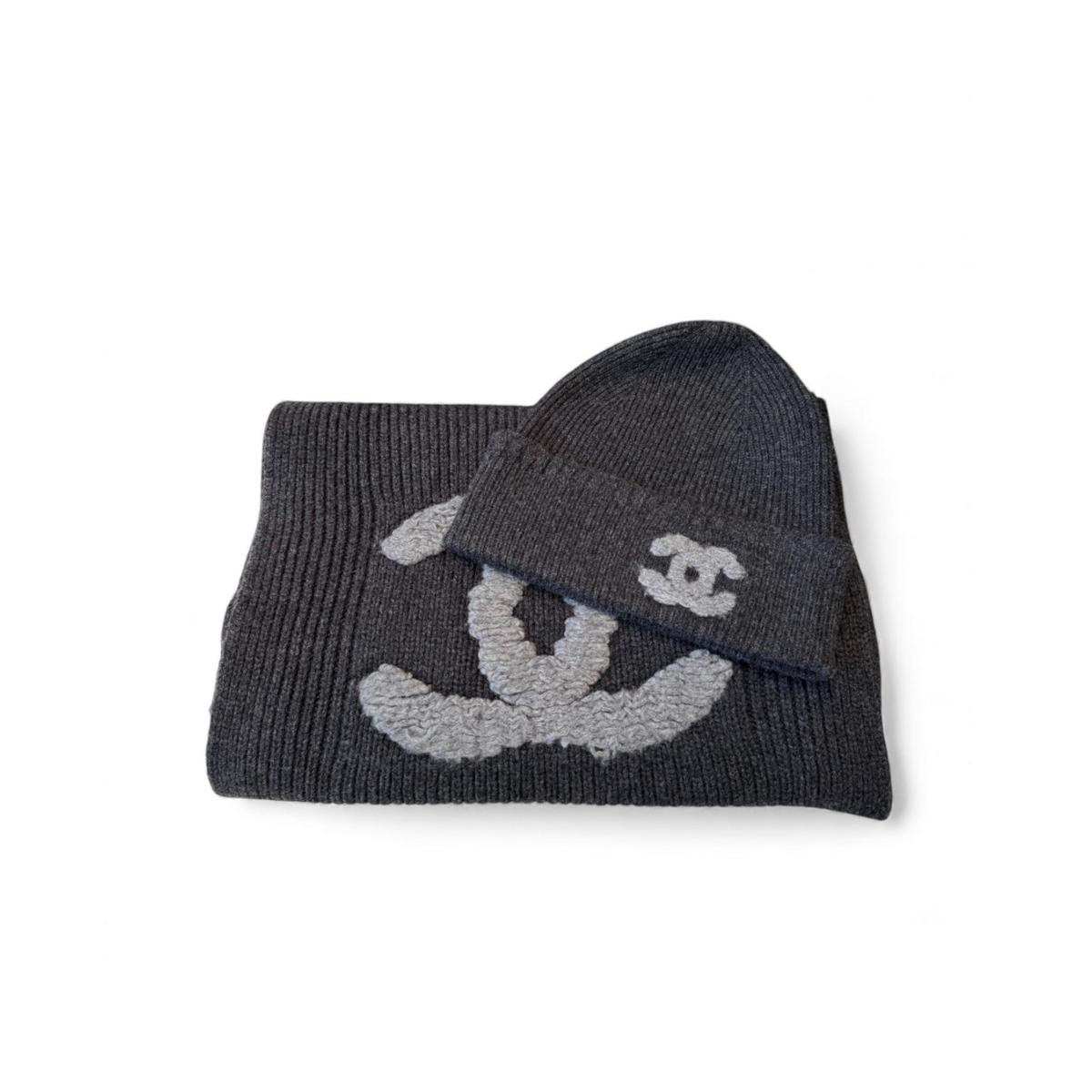 Chanel CC Logo Scarf And Beanie Set In Dark Grey For Women