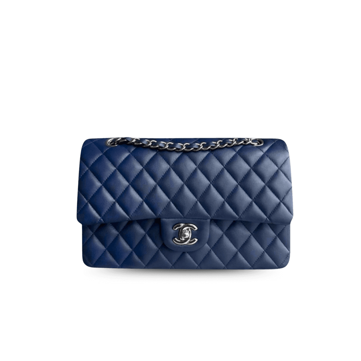 Chanel Classic Double Flap Sac Crossbody moyen 10po/ 25,5cm Marine Bleu Argent Matériel pour femmes A01112