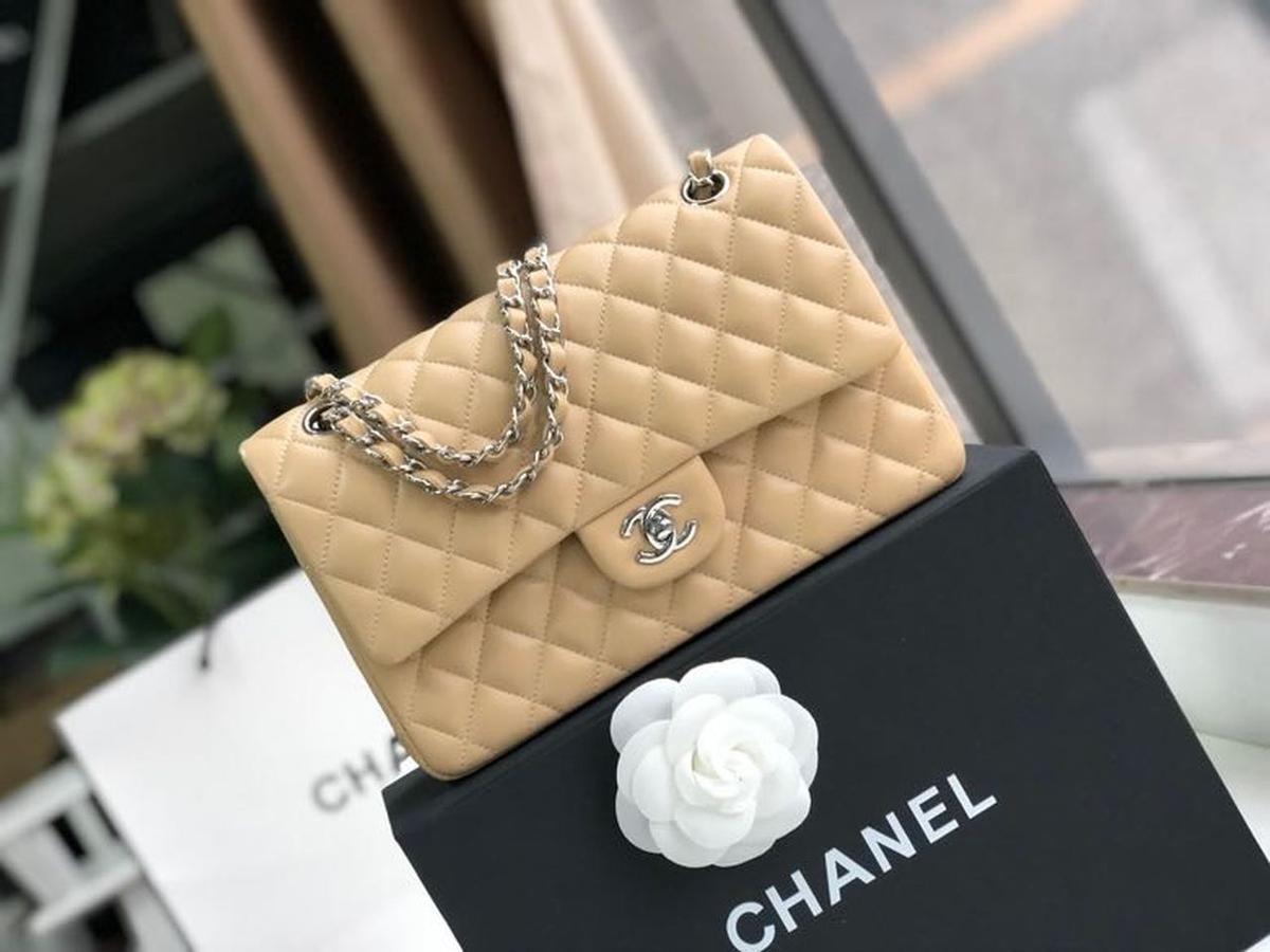 Chanel Classic Double Flap Sac Crossbody moyen 10po/ 25,5cm Beige Silver Hardware pour femmes