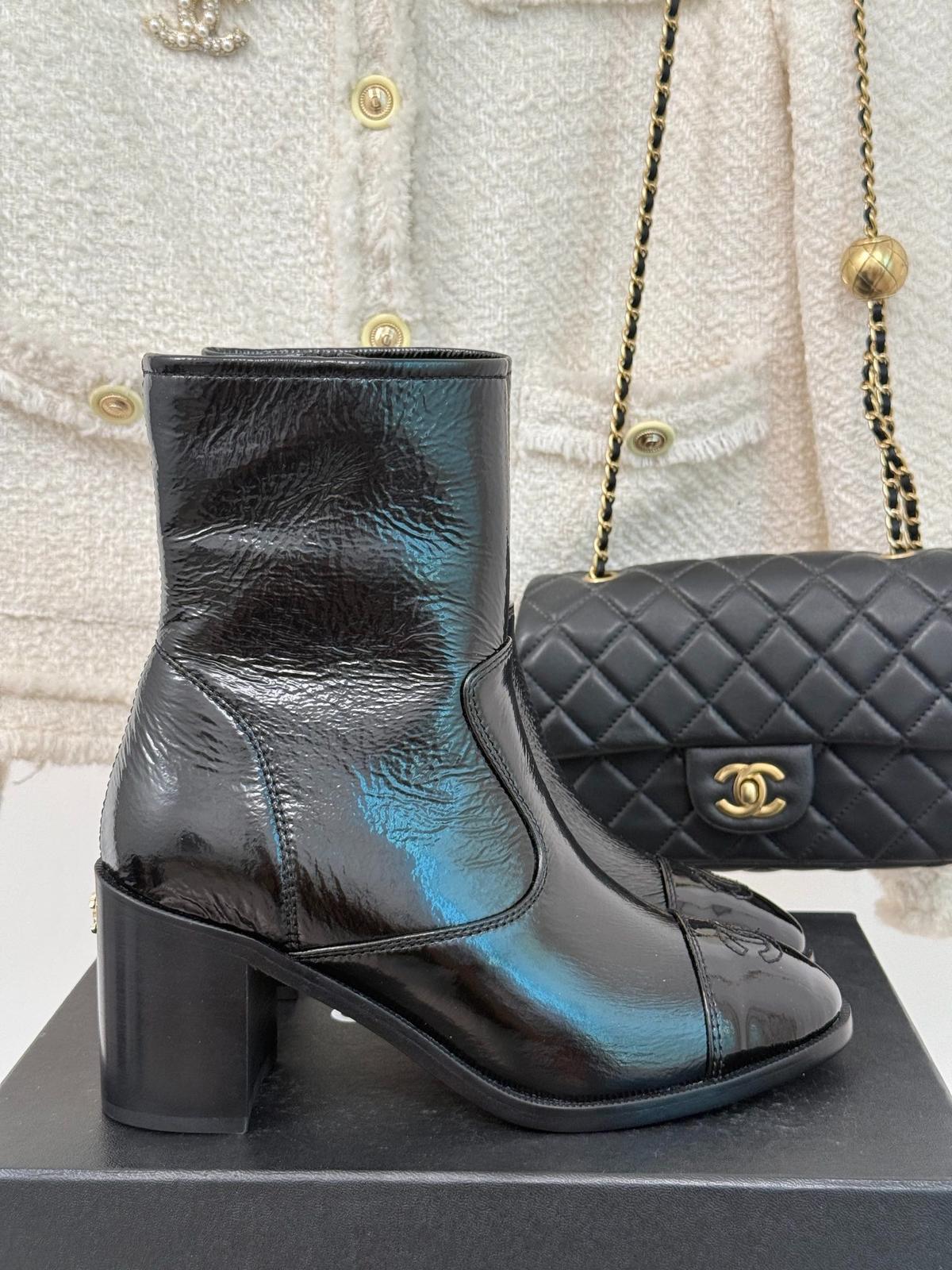 Chanel Glossy Chunky Ankle Heel Boots Black 7cm/2.8in For Women