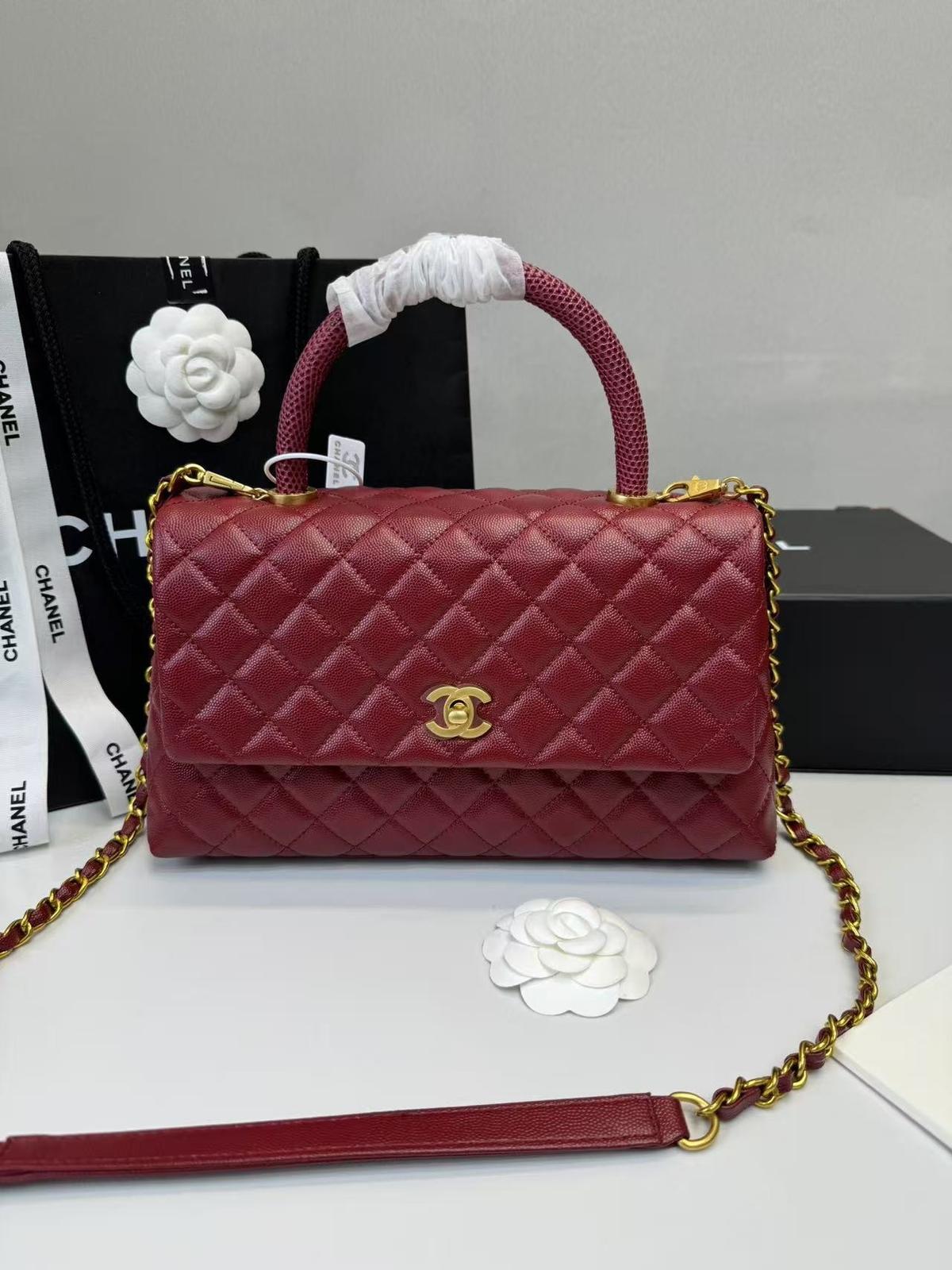 Sac à main Chanel avec poignée supérieure rouge foncé pour les femmes 11in/28cm