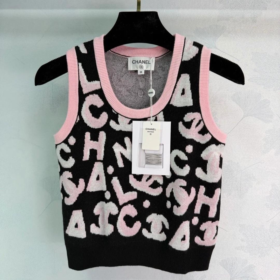 Chanel Intarsia Logo sans manches Croped Top Noir/ Rose Pour les femmes