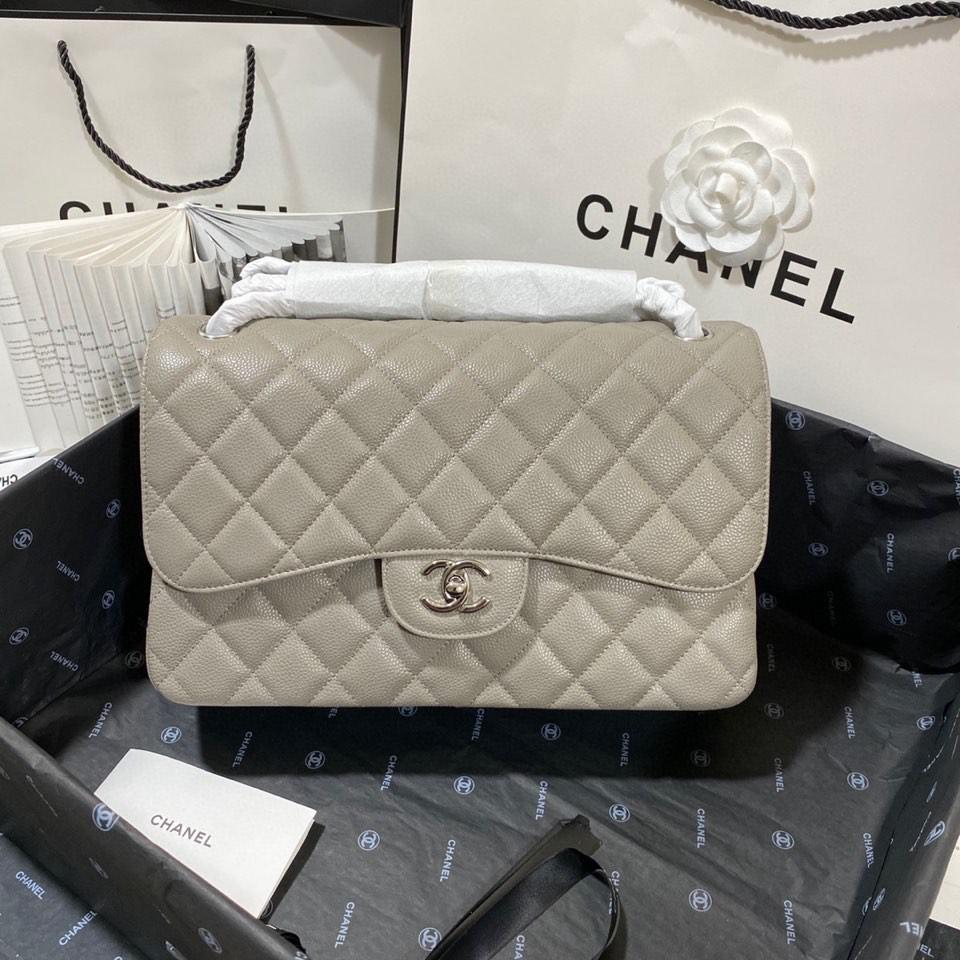 Chanel Classic Grand Crossbody Sac 11.8in/ 30cm Gris Argent Matériel pour femmes