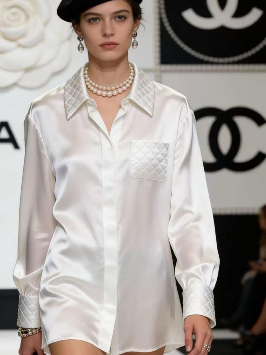 Chanel Quilted Button-Down Blouse Pearl White For Women