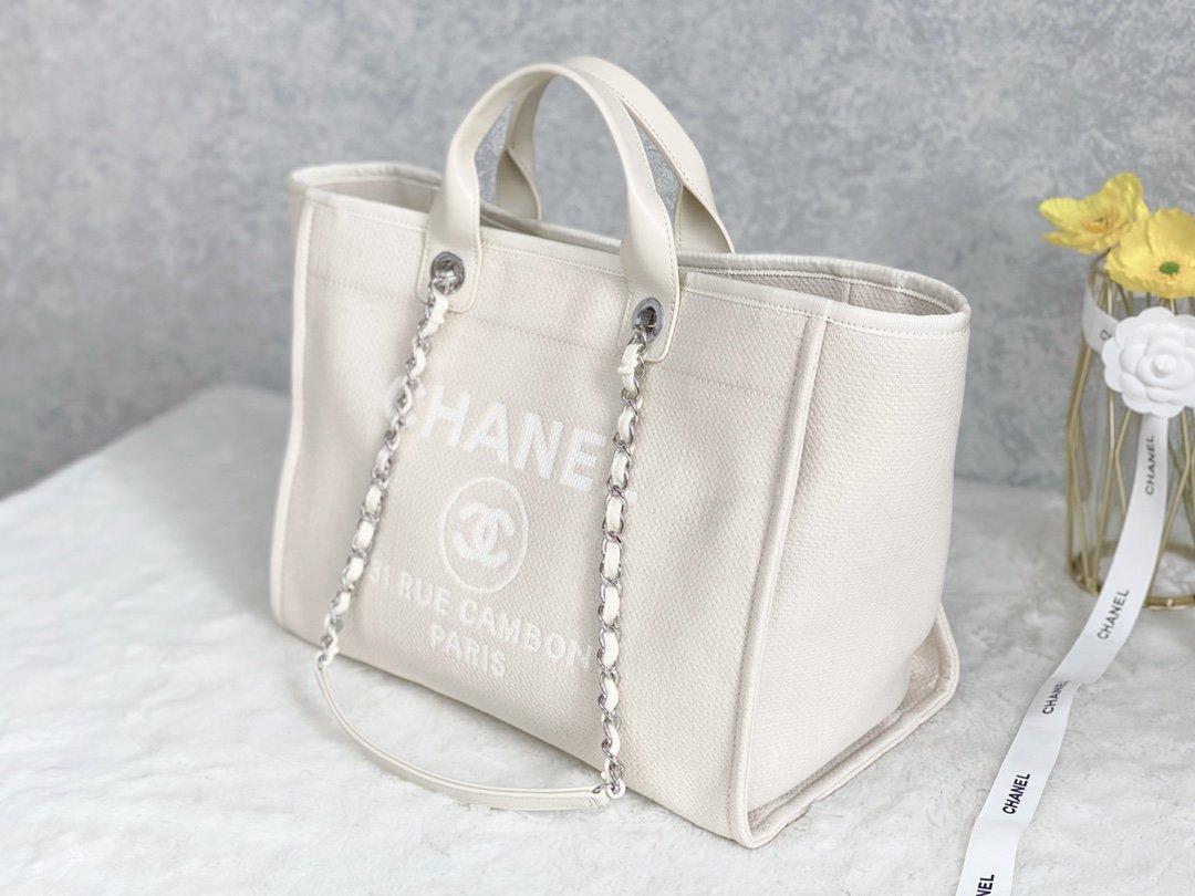 Chanel Deauville Tote Bag 15.2in/ 39cm Crème Argent Matériel pour femmes AS3257