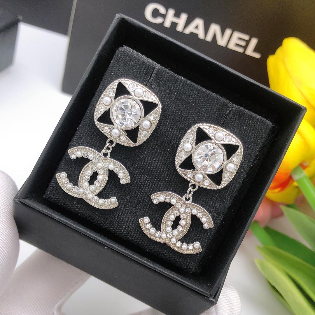 Chanel Square Double C Stud Earrings White For Women
