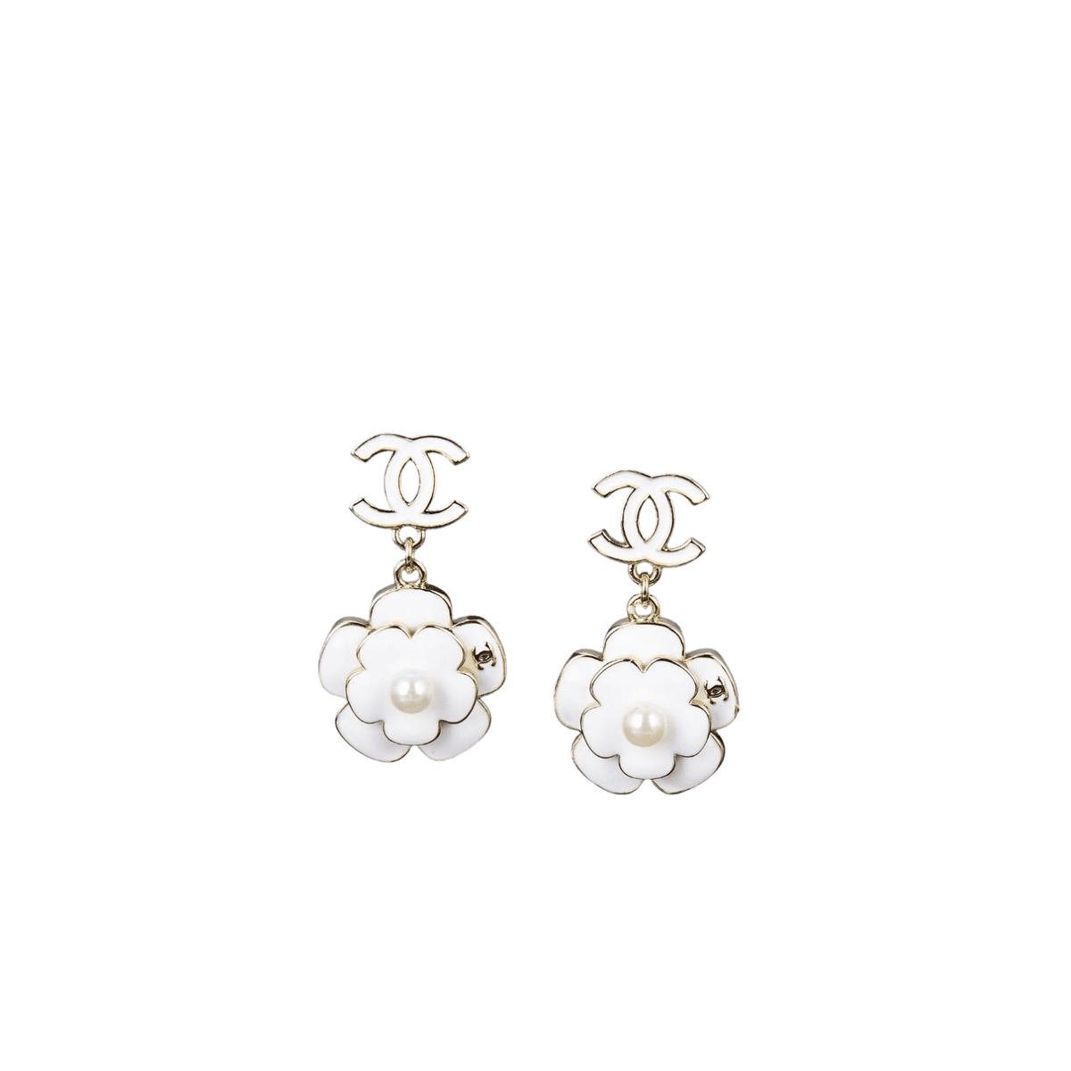 Chanel White Camellia Flower Earrings Gold Tone For Women