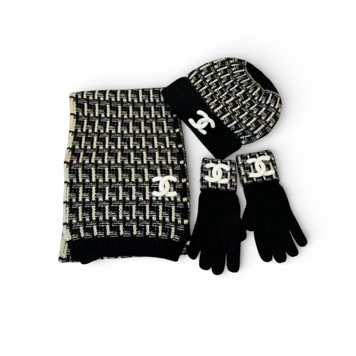 Ensemble d'hiver Chanel – Chapeau, écharpe et gants noir pour les femmes