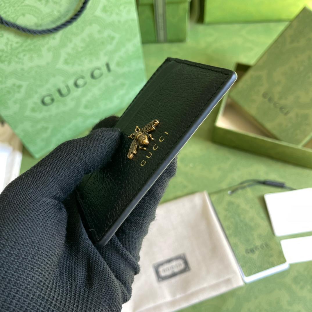 Gucci Animalier Card Case Black with Metal Bee For Men 4in/10cm GG 523685 DJ20T 1000