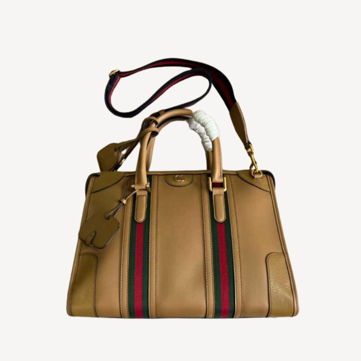 Gucci Double G-Detailed Smooth Medium Handbag Brown For Men 13.3 in/ 34 cm