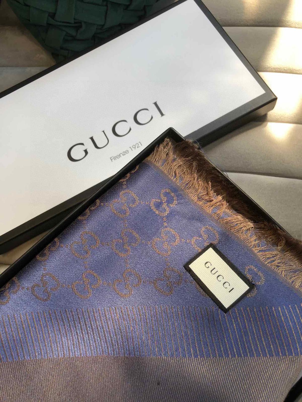 Gucci GG Jacquard Silk Wool Shawl Blue 55in/140cm