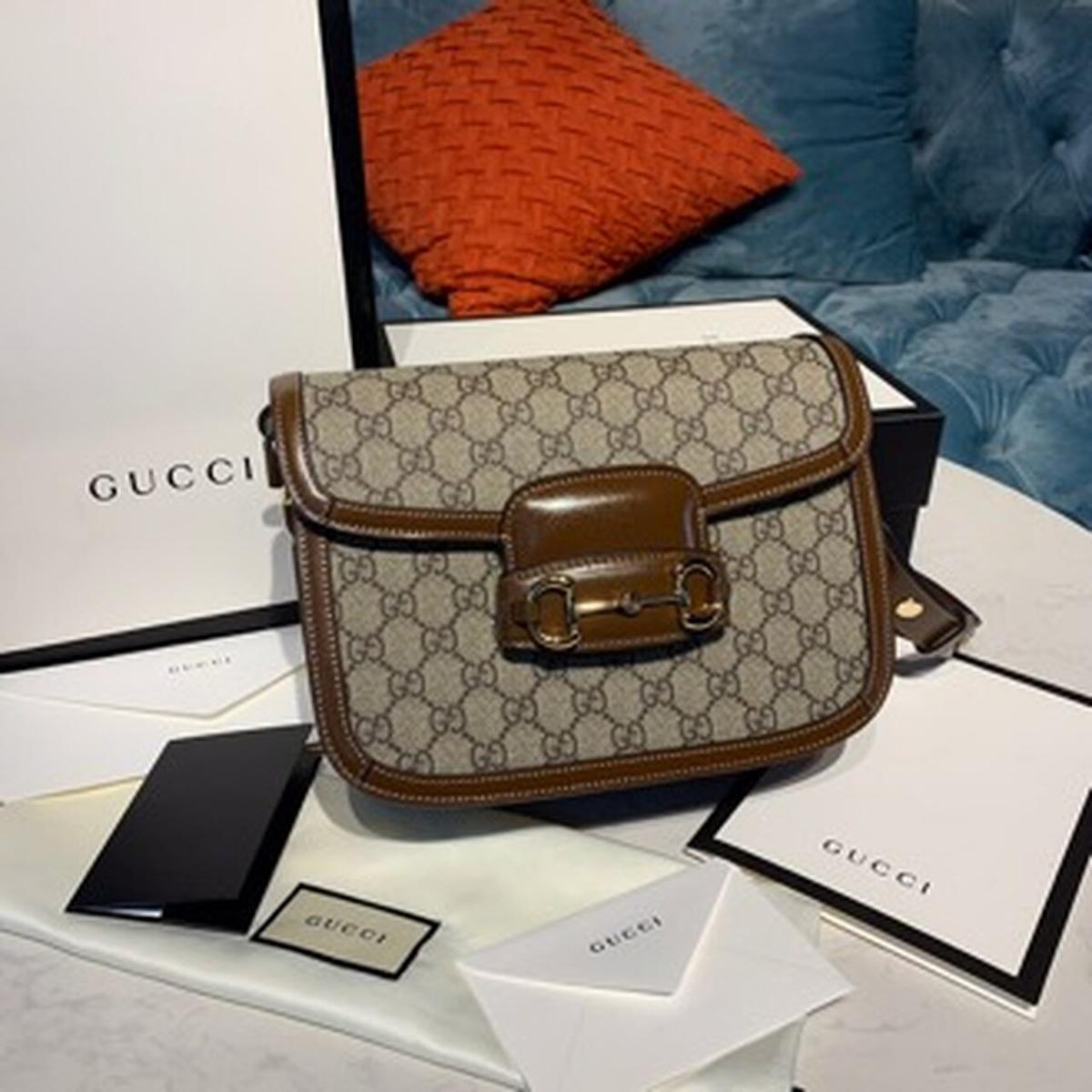 Gucci Horsebit 1955 Shoulder Bag Beige/Ebony GG Supreme Canvas With Brown For Women 9.8in/25cm GG 602204 92TCG 8563