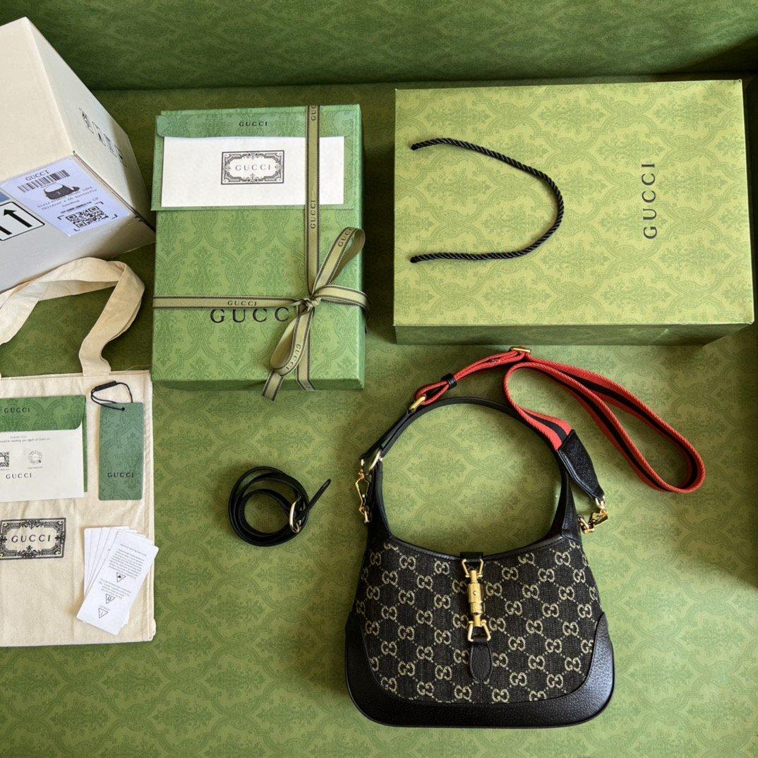 Gucci Jackie 1961 Small Shoulder Bag Black And Ivory GG Denim Jacquard For Women 11in/28cm 678843 UN3AG 1294