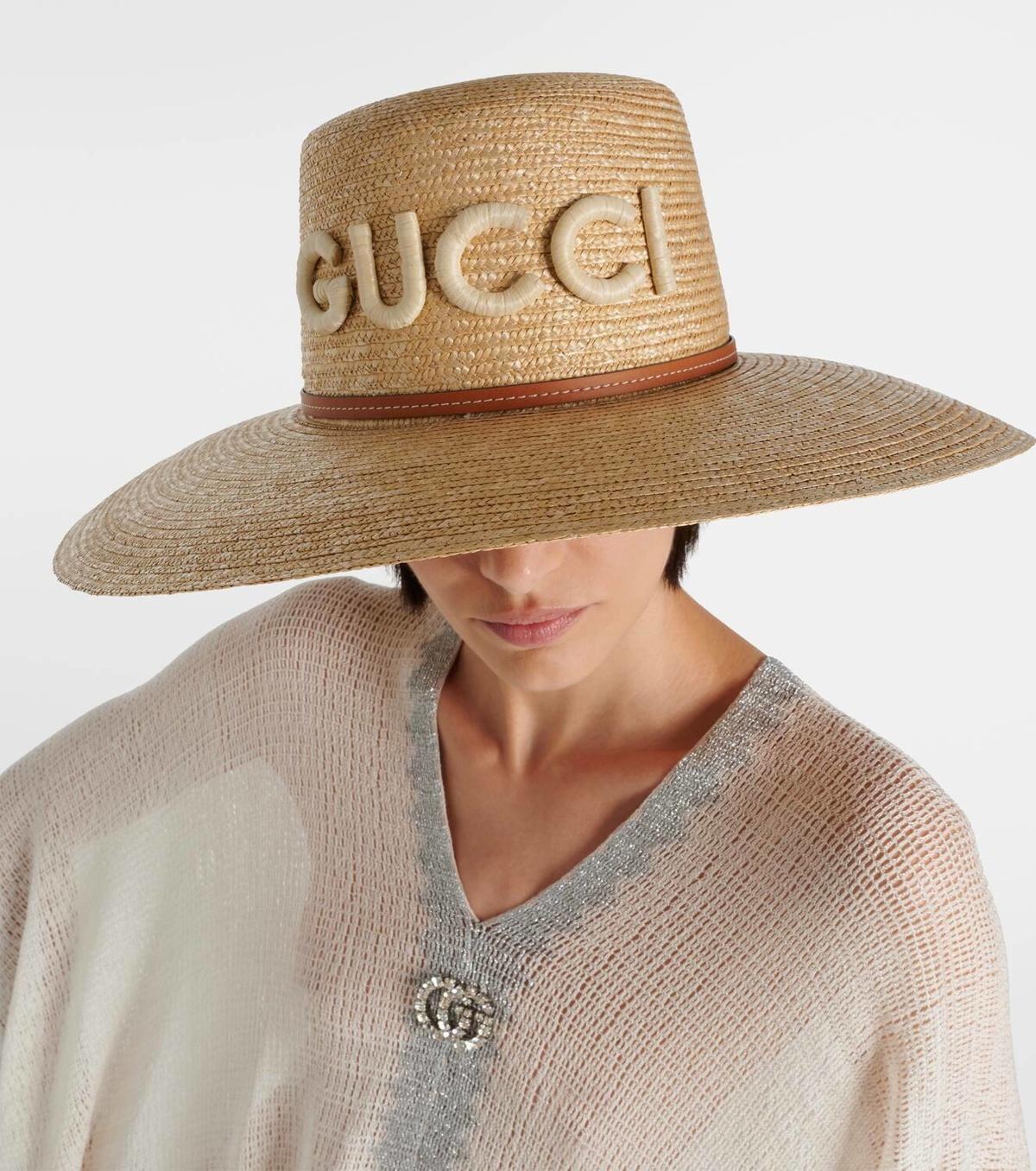 Gucci Logo Leather-Trimmed Sun Hat Beige Straw For Women