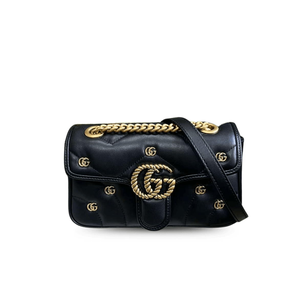 Gucci Marmont Matelasse Mini Sac à épaule 8,5po/ 22cm Hardware en or noir pour femmes -