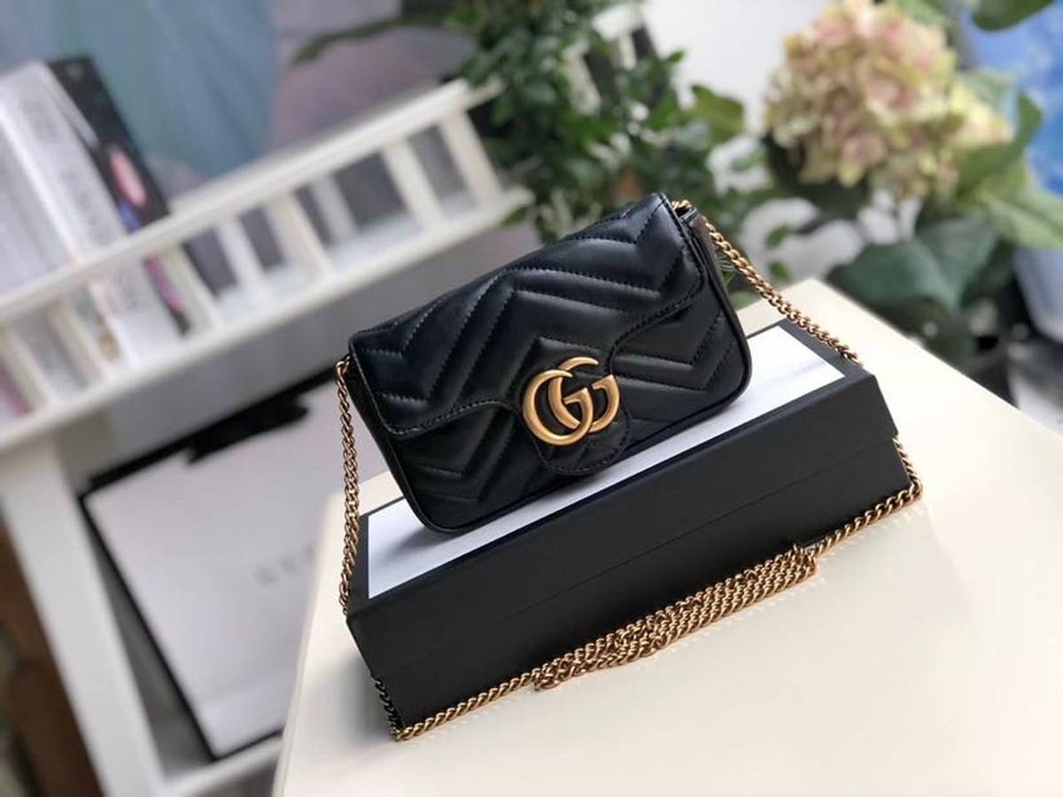 Gucci Marmont Matelassé Super Mini Bag Dusty Black Chevron For Women 6.2in/16.5cm 476433 DTDCT 1000