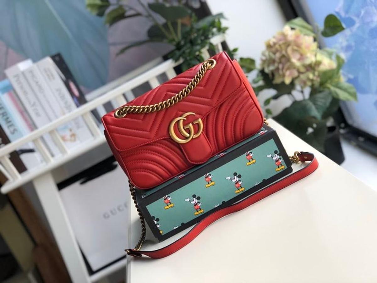 Gucci Marmont Small Matelassé Shoulder Bag Hibiscus Red Matelassé Chevron For Women 10in/26cm GG 443497 DTDIT 6433