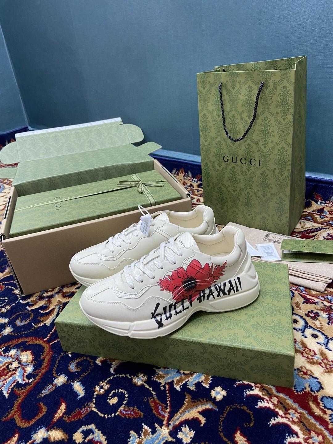Gucci Men's Rhyton Sneakers With Gucci Hawaii Poppy Print White Ivory For Men 631708-DRW00-9522