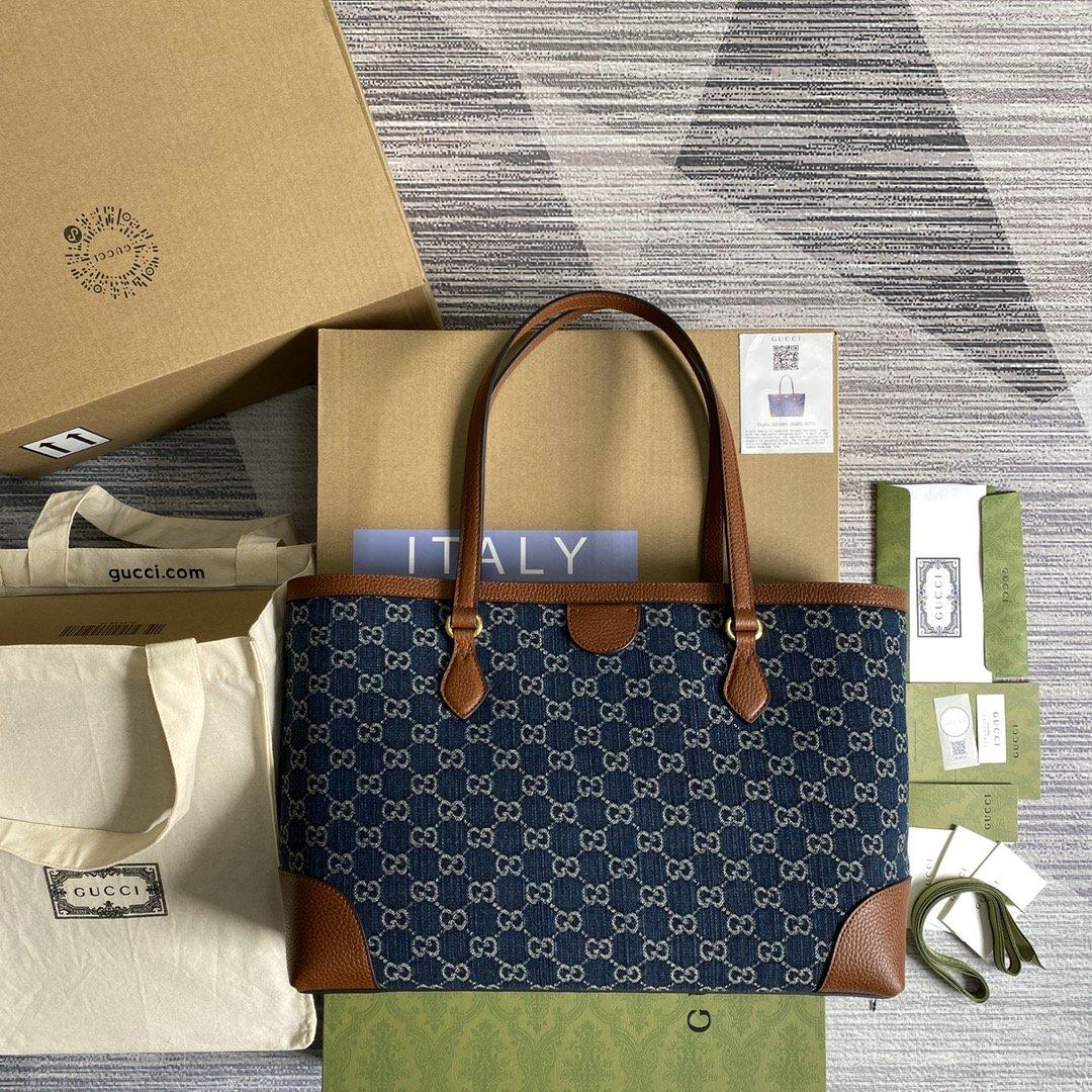 Gucci Ophidia GG Tote moyenne Bleu foncé et Ivoire Eco Lavé Bio GG Denim Jacquard pour femmes 15in/38cm GG 631685 2KQGG 8375