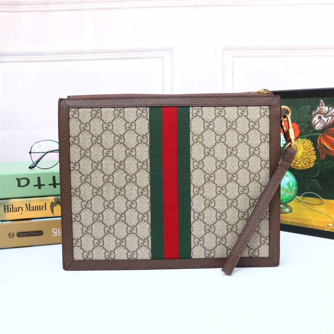 Gucci Ophidia Pouch With Web Beige And Ebony GG Supreme Canvas For Men 9in/24cm GG 672989 96IWT 8745