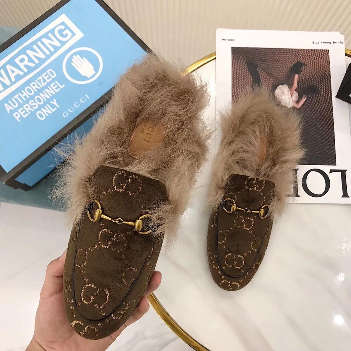 Gucci Princetown Velvet Fur Slipper Mules 448657 Calfskin Leather Pre-Fall/Winter Collection, Brown
