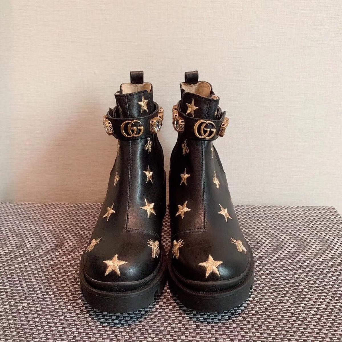 Gucci Star And Bee Embroidered Trip Ankle Boots Black For Women GG