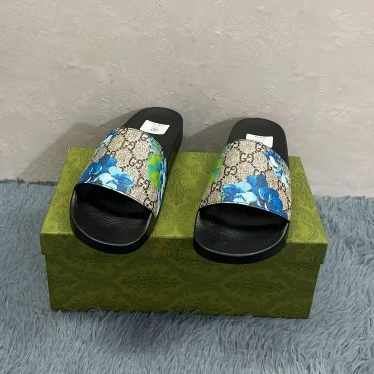 Gucci Bloom Print Slides Blue For Women 408508 G2200