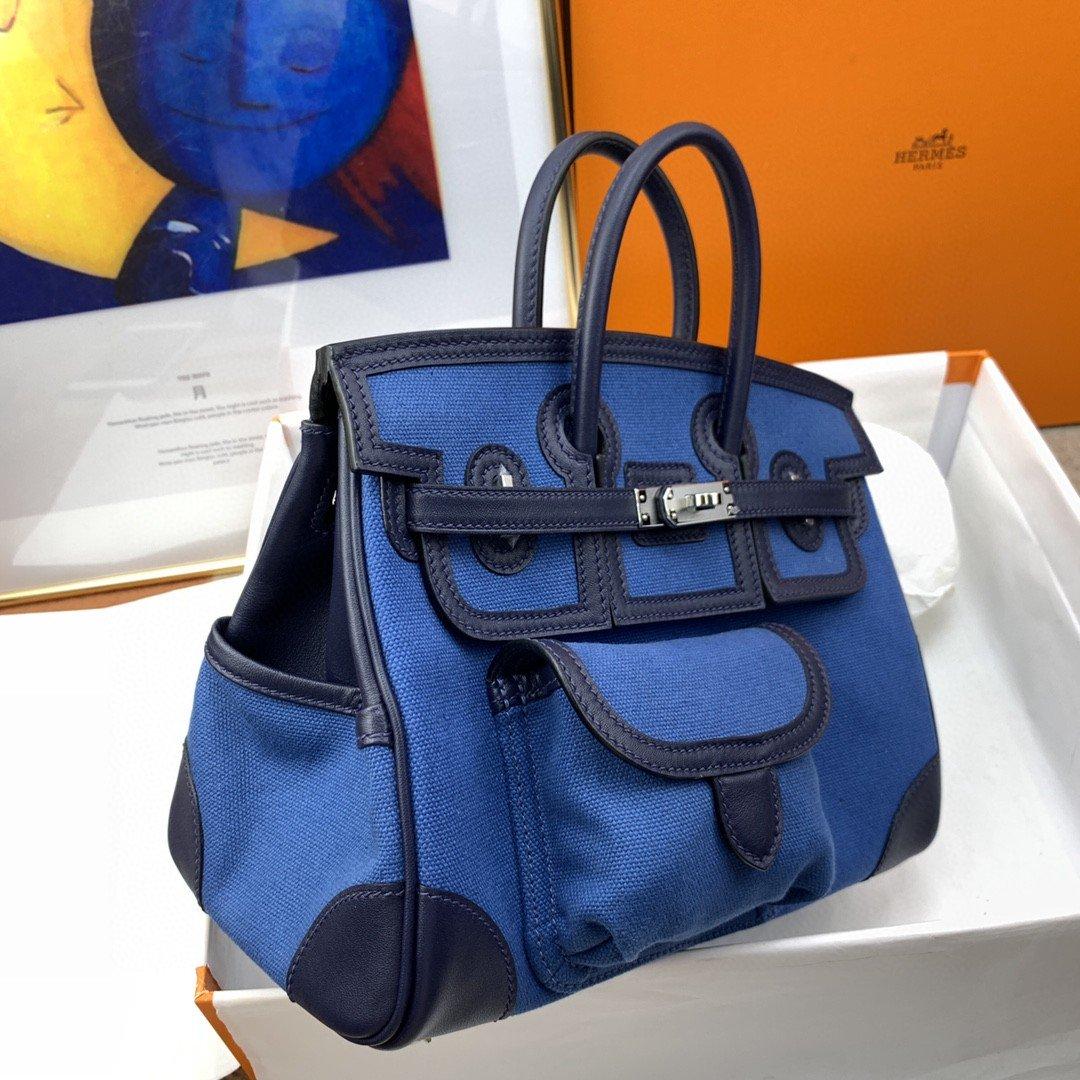 Hermes Birkin Cargo 25 Top Handle Bag 9.8in/ 25cm Blue Silver Hardware Bag For Women