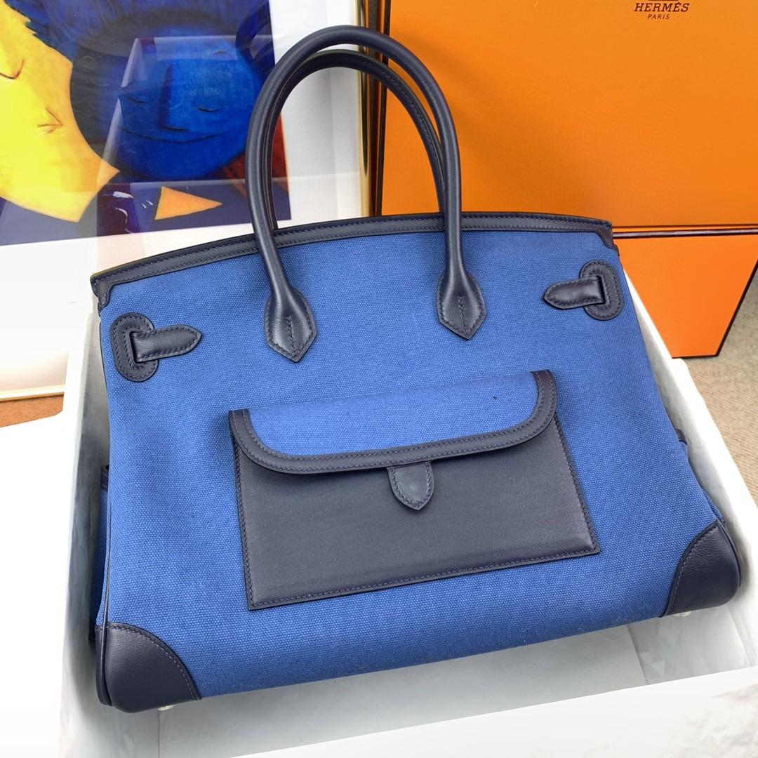 Hermes Birkin Cargo 35 Top Handle Bag 13.8in/ 35cm Blue Silver Hardware For Women