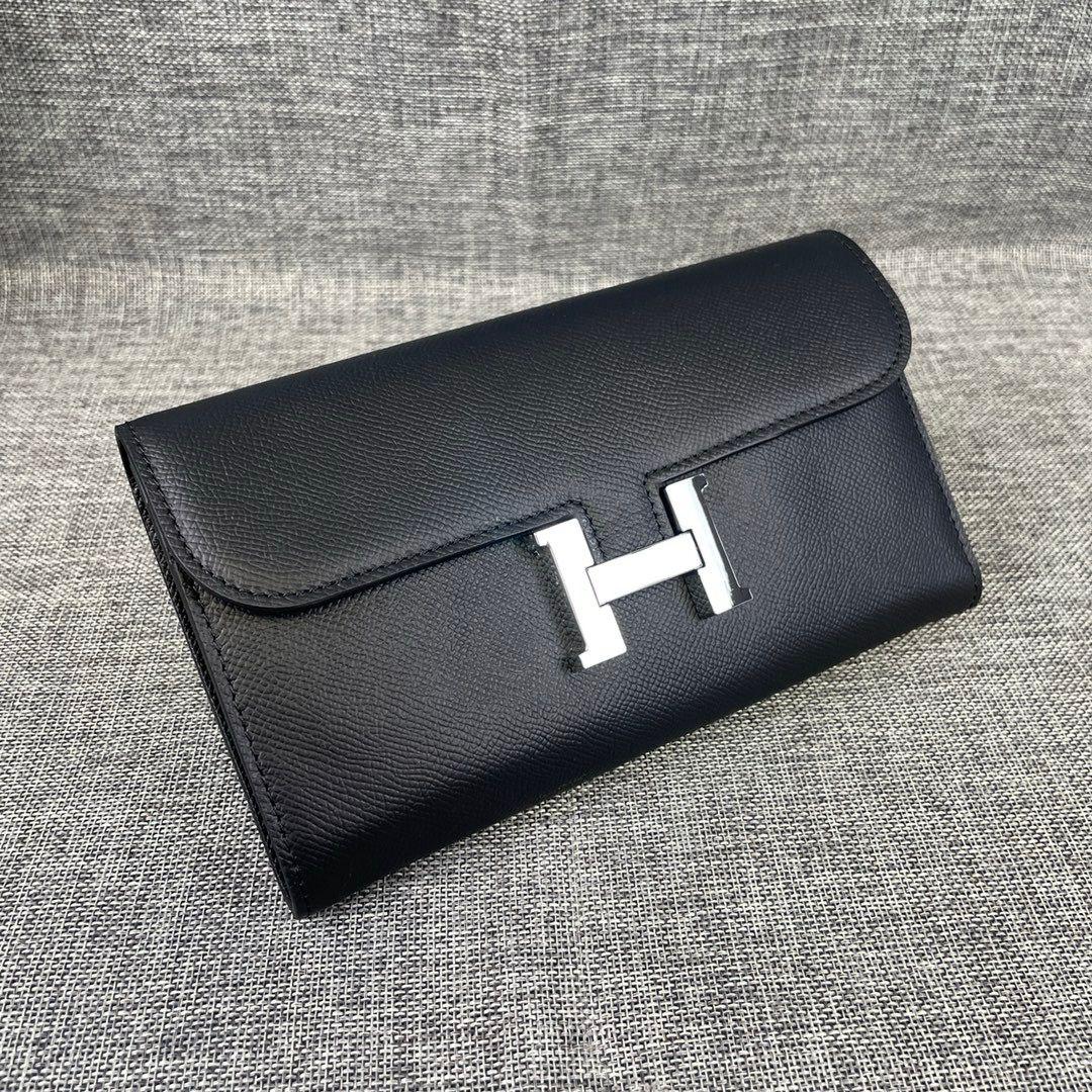 Hermes Constance Epsom Long Wallet 20cm/7.9in Silver Toned Hardware For Women Black