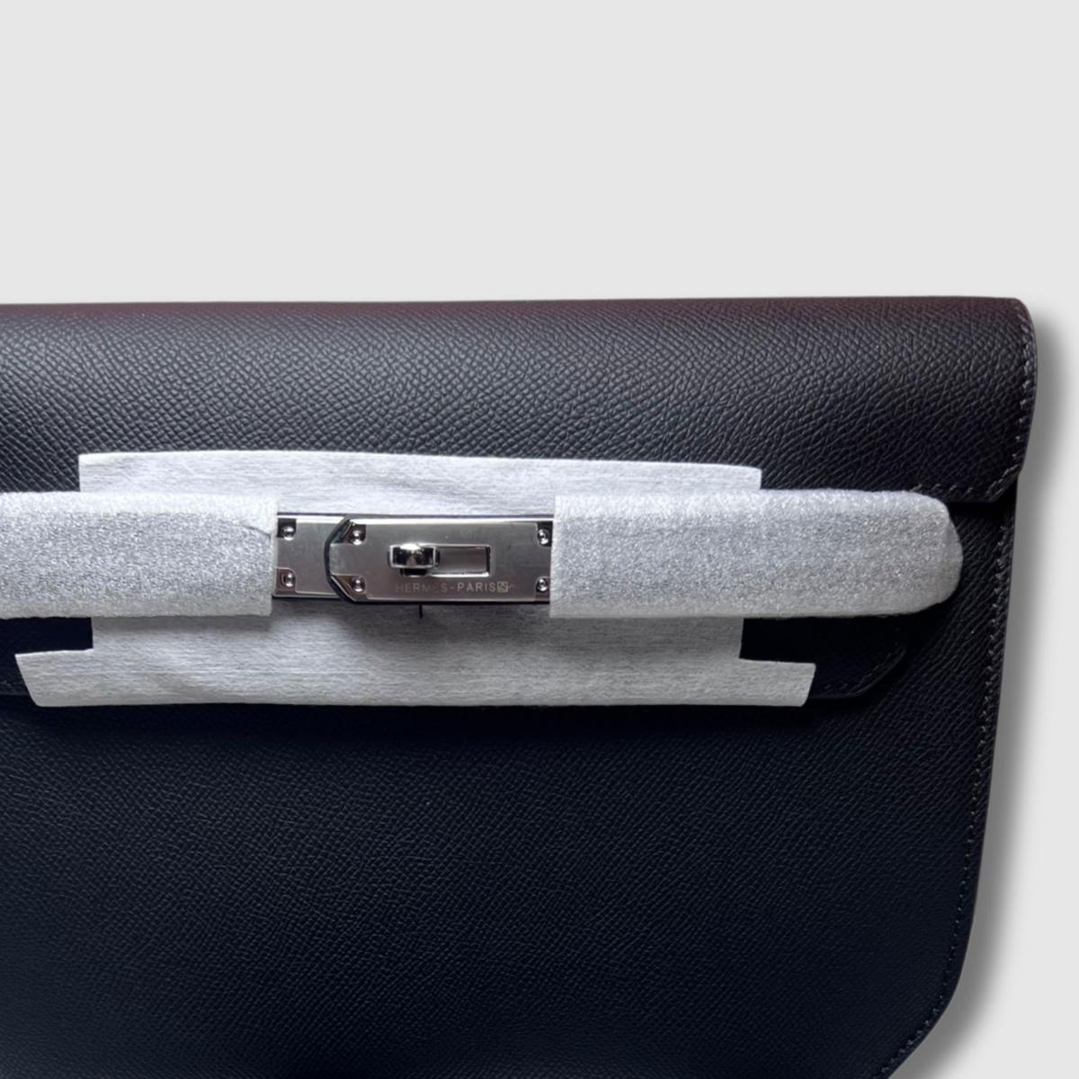 Hermes Garden Kelly Depeches 25 Pouch Silver Hardware Black For Men