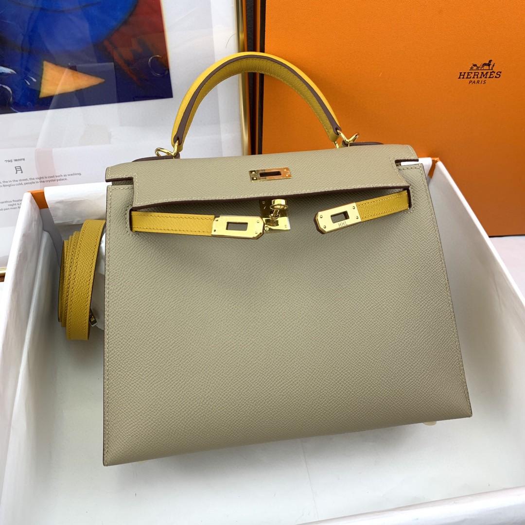 Hermes Kelly 25 Sellier Epsom Greige/Sac jaune pour femmes, Sacs à main pour femmes, Sacs à épaules 10in/25cm