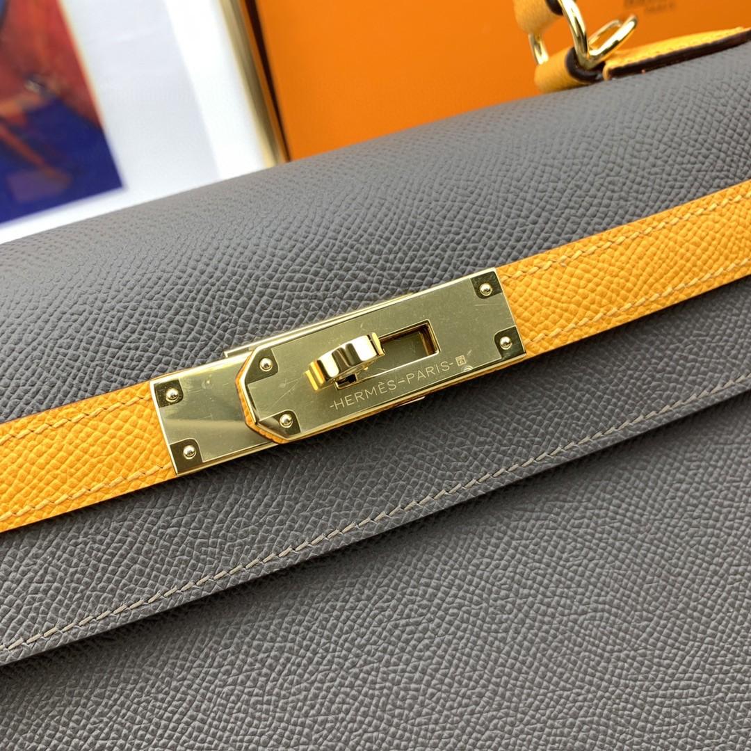 Hermes Kelly 28 Sellier Epsom Sac Gris foncé/jaune pour femmes, Sacs à main pour femmes, Sacs à épaule 11in/28cm