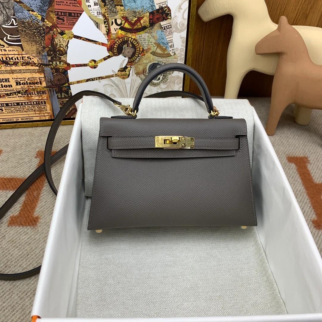 Hermes Kelly Mini Top Poignée Sac 7.5in/ 19cm Noir Gris Epsom Or Hardware pour femmes