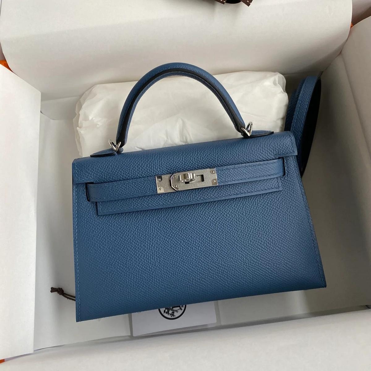 Hermes Kelly Mini Top Handle Bag 7.5in/ 19cm Navy Epsom Palladium Hardware For Women