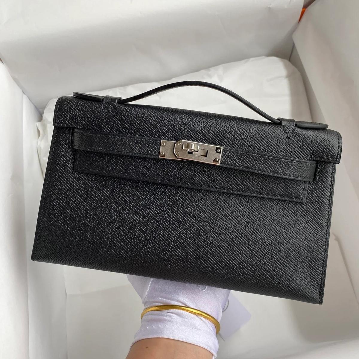 Hermes Kelly Pochette Top Handle Bag 8.7in/ 22cm Noir Epsom Palladium Hardware For Women