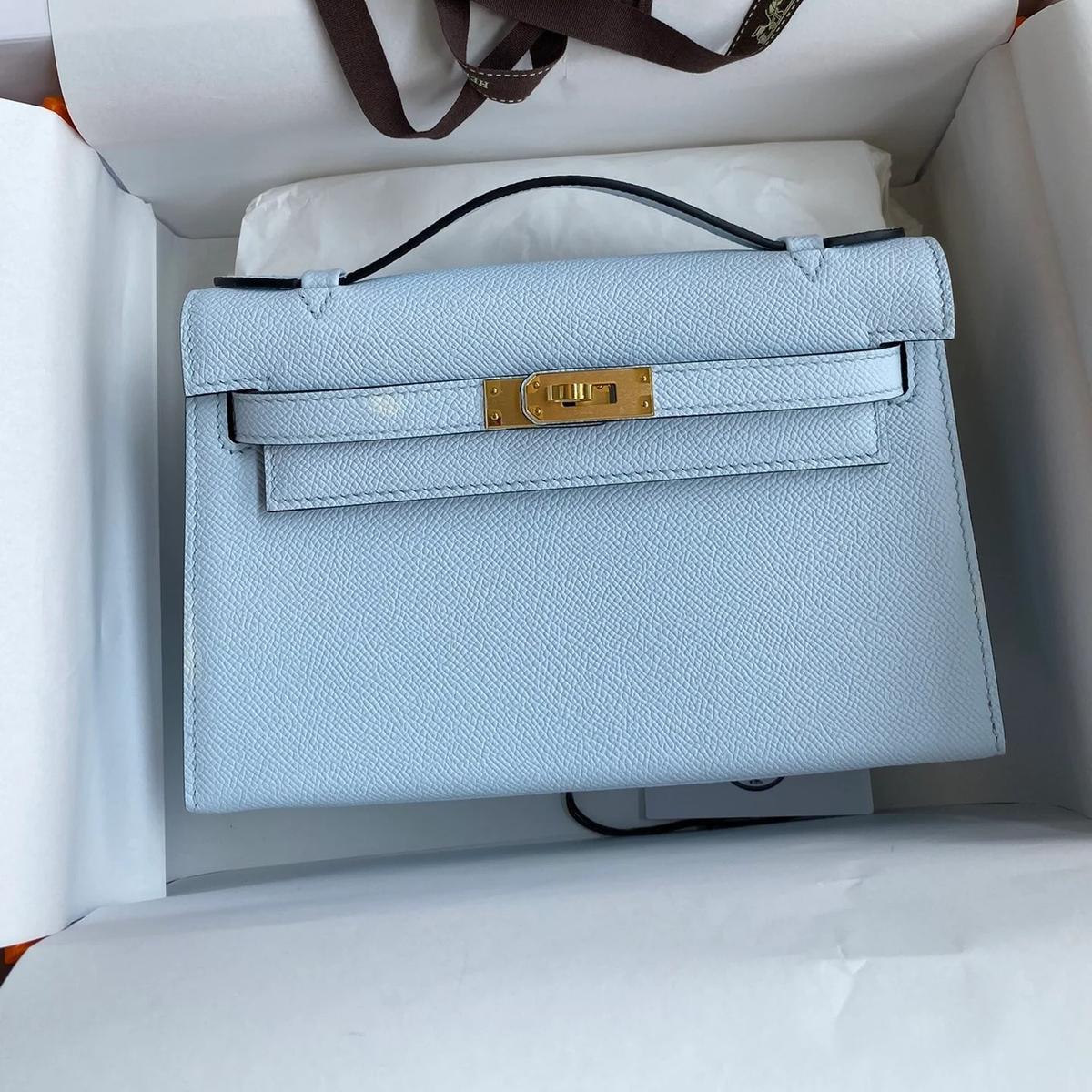 Hermes Kelly Pochette Top Handle Bag 8.7in/ 22cm Sky Blue Epsom Gold Hardware For Women