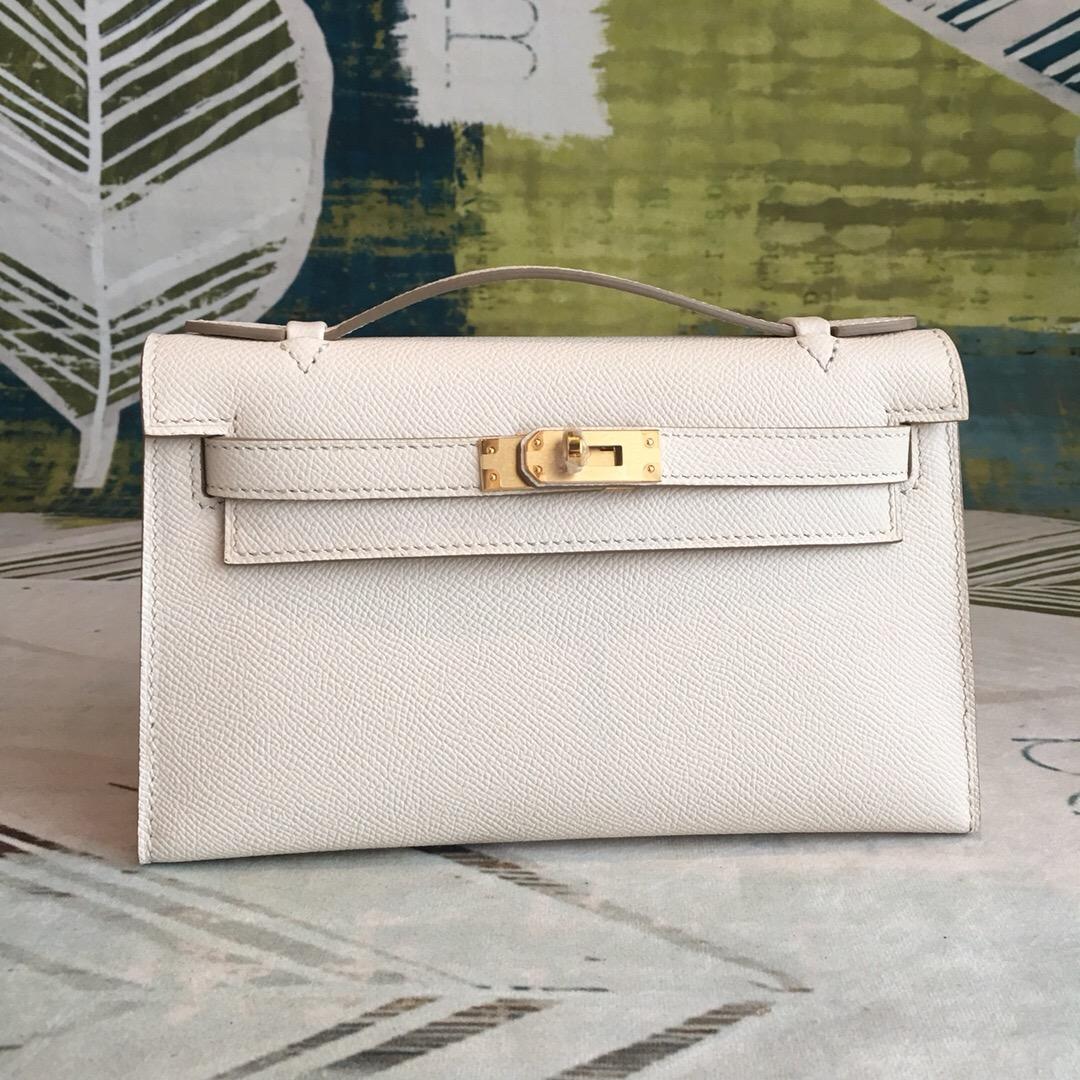 Hermès Kelly Pochettee Blanc Pour Femmes Or Tond Hardware 8.5in/22cm