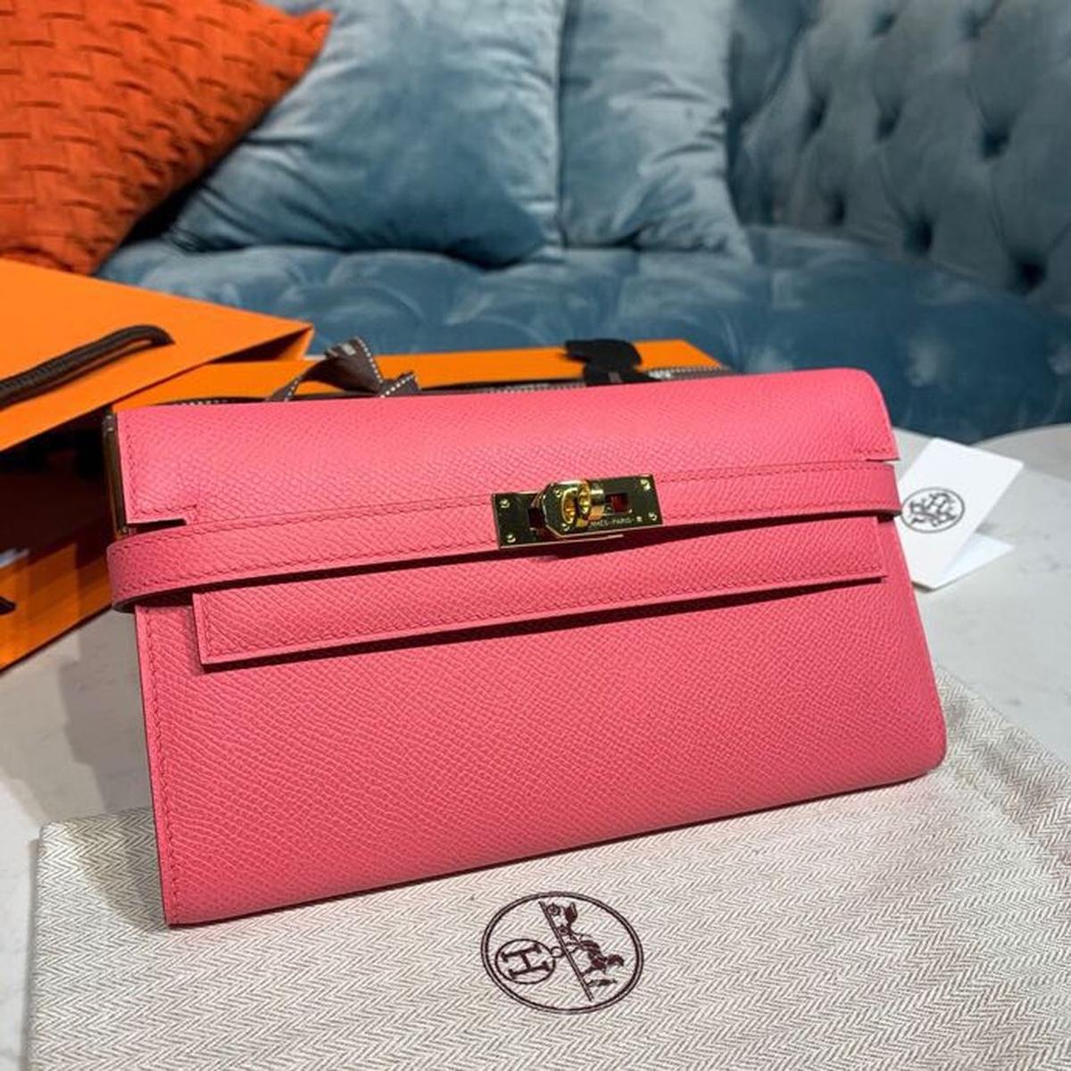 Hermes Kelly Wallet pour aller Woc rose avec un sac de matériel tonique or pour les femmes 8.2in/21cm
