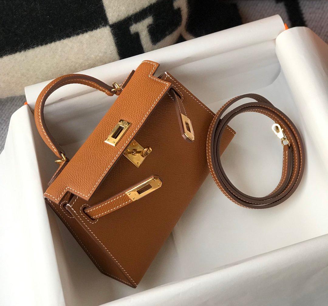 Hermes Mini Kelly 19 Sellier Epsom Brown Bag For Women, Women's Handbags, Shoulder Bags 7.5in/19cm