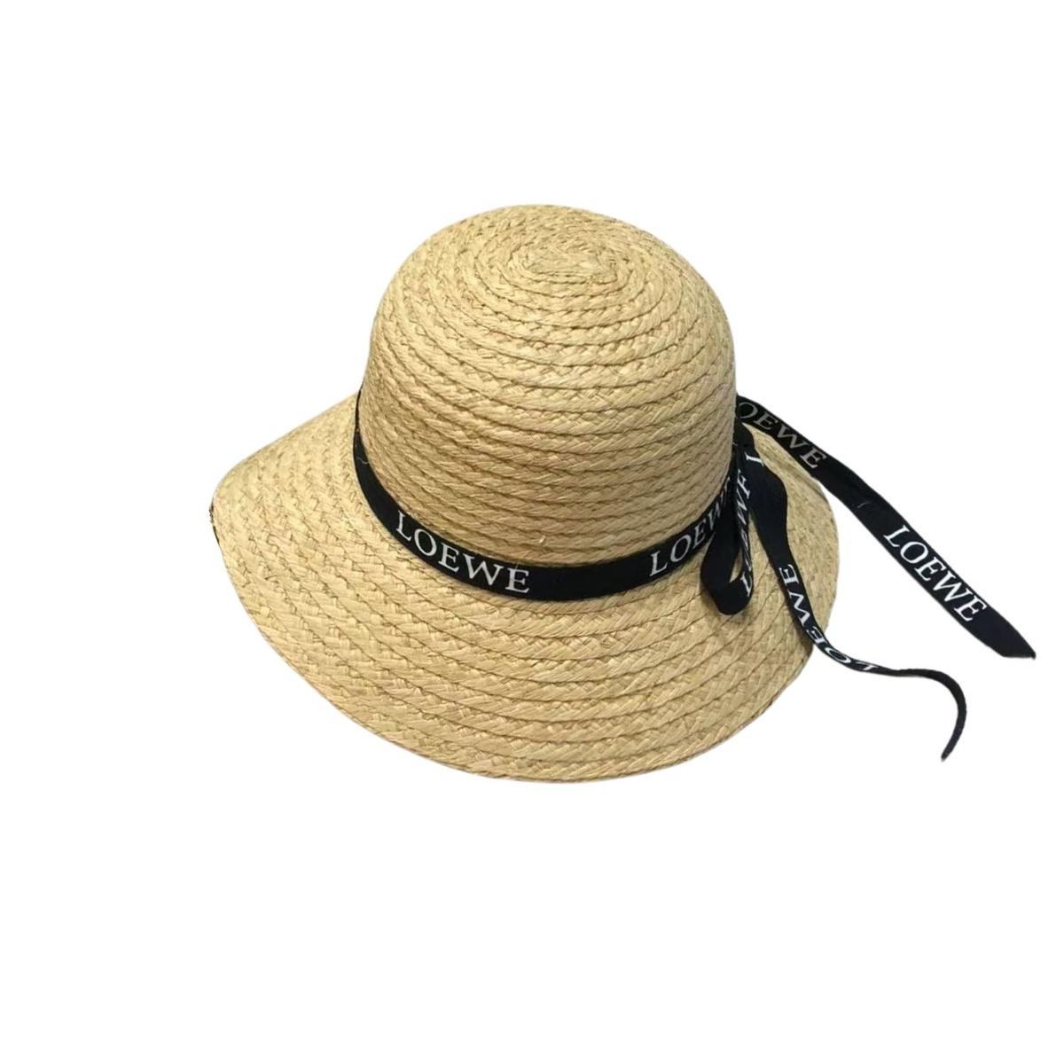 Loewe Straw Sun Hat Raffia With Black Ribbon Logo Beige For Women 57cm/22.4in