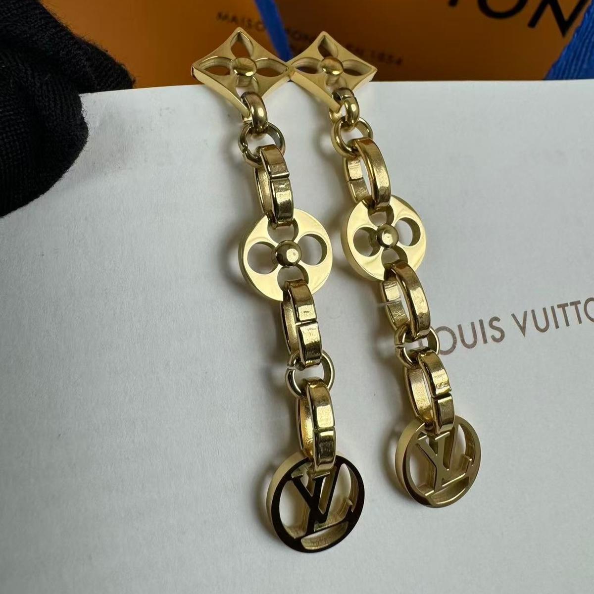 Louis Vuitton Monogram Link Chain Earrings Gold For Women
