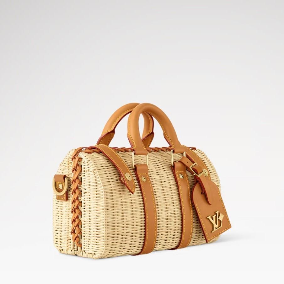 Louis Vuitton Keepall Bandouliere 25 Travel Bag 9.8in/ 25cm Natural Beige Rattan Gold Hardware M14455