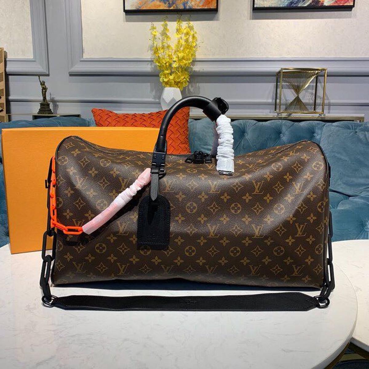 Louis Vuitton Keepall Bandouliere 50 Travel Bag 19.7in/ 50cm Black/ Orange Monogram Black Hardware M44471
